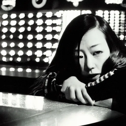 Image similar to a girl leaning against the counter in a night club staring at the camera, photograph by Wong Kar-wai and Quentin Tarantino