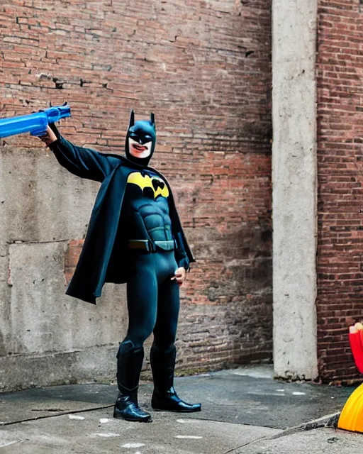 Image similar to happy batman firing super soaker water gun in an alleyway, everyone having fun, toy product advertisement, photography