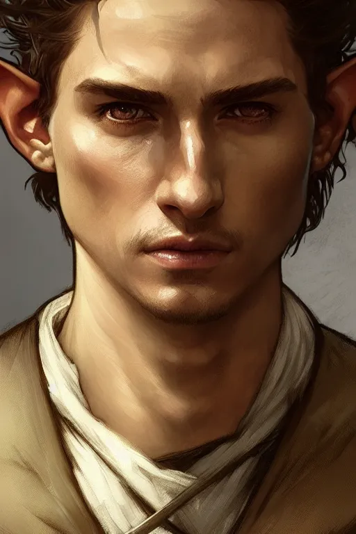 Prompt: portrait of a beautiful fit young elf male ranger, with fluent cloths, leather armor, by greg rutkowski and alphonse mucha, d & d character, gradient brown to white, autumn background, highly detailed portrait, digital painting, artstation, concept art, smooth, sharp focus illustration, artstation hq