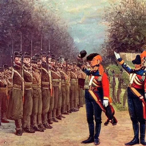 Image similar to pepe the frog saluting prussians soldiers in 1864, military parade, uncroped, expressive oil painting