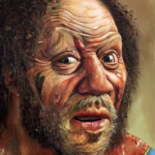 Image similar to a very realistic painting of the ugliest man in history, very detailed, visible paint layers, thick brush strokes, highly realistic.