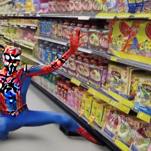 Prompt: Spiderman shopping in a Supermarket, photorealistic, National Geographic's photo