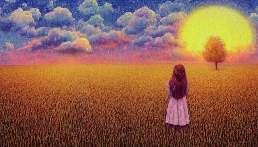 Image similar to girl with flower face in empty wheat field, surreal photography, colorful clouds, tree, impressionist painting, colorful clouds, digital painting, pointillism, sunset, artstation, simon stalenhag