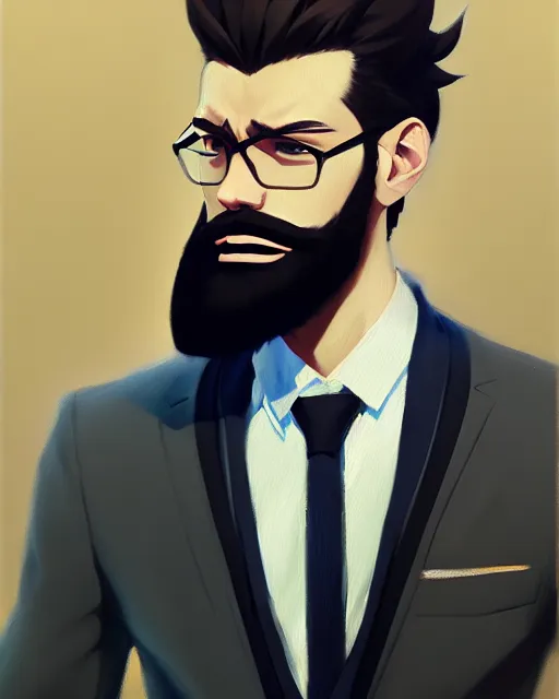 Image similar to a oil painting portrait of a stylish bearded man wearing suit outfit, by makoto shinkai trending on artstation