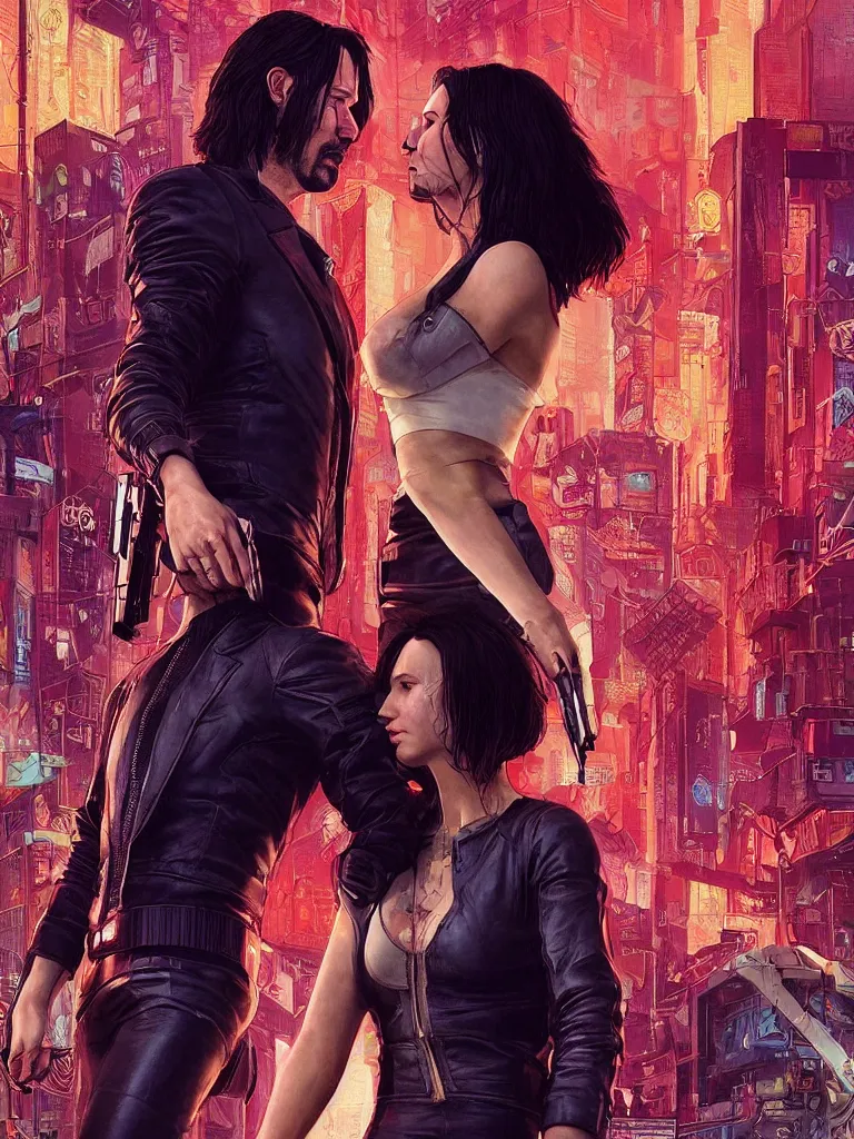 Prompt: a movie srcreenshot couple portrait of Keanu Reeves and V final kiss in cyberpunk 2077,love,film lighting,by Laurie Greasley,Lawrence Alma-Tadema,Andrei Riabovitchev,Dan Mumford,John Wick,Speed,Replicas,artstation,deviantart,FAN ART,full of color,Digital painting,face enhance,highly detailed,8K,octane,golden ratio,cinematic lighting