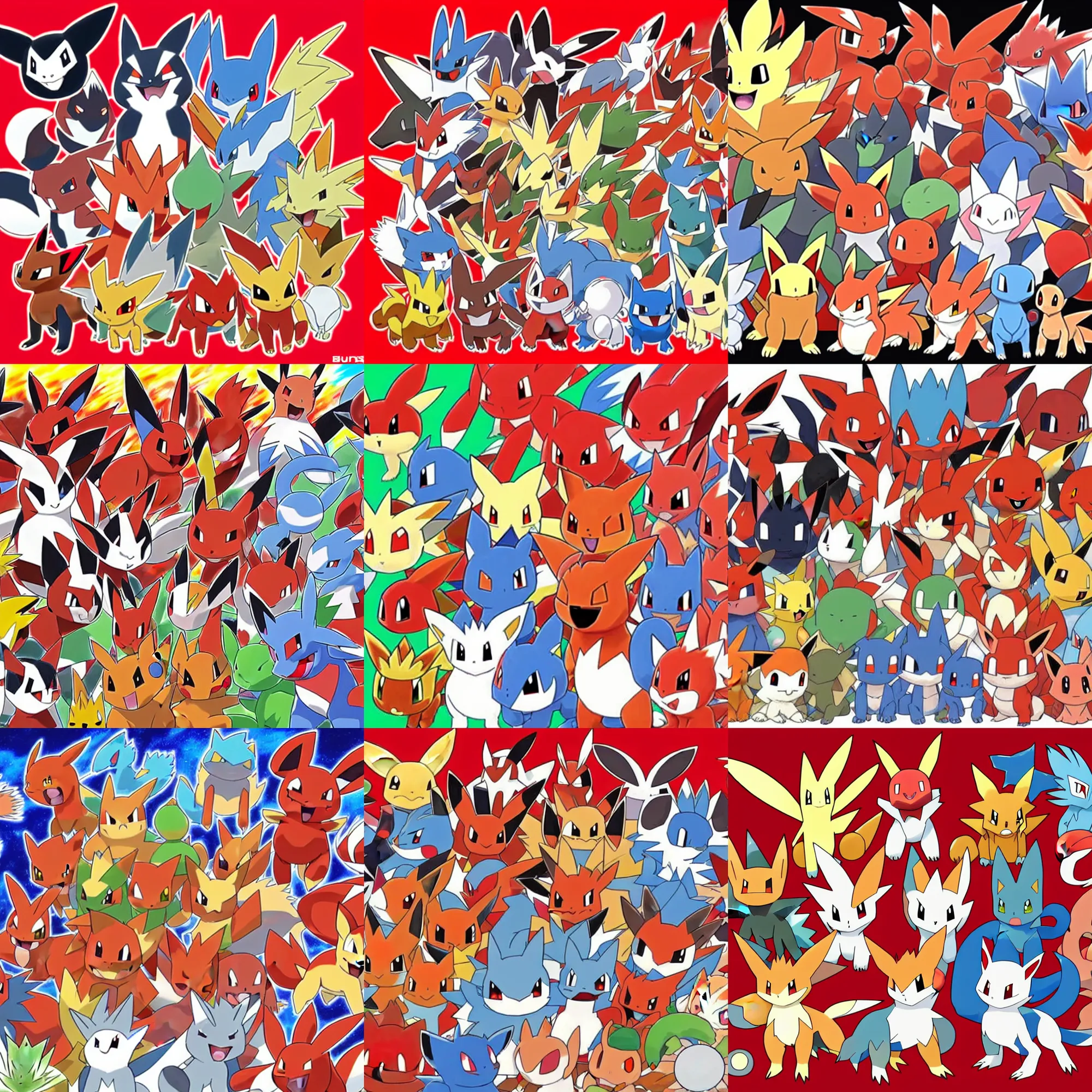Prompt: official art of a diverse crowd of red Pokémon, by Ken Sugimori and Junichi Masuda, whitespace, Bulbapedia, Pokémon logo, Vulpix Arcanine Torkoal Darmanitan Volcarona Entei