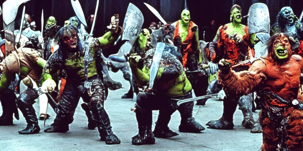 Image similar to A full color still from a Stanley Kubrick film featuring actors dressed as angry Orcs, waving swords, 35mm, 1970