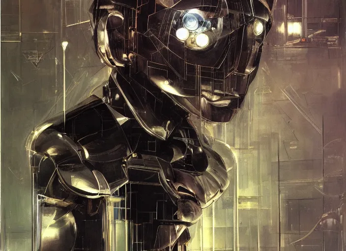 Image similar to a portrait of cyber - dog of sci fi metallic human by yoji shinkawa bright eyes, melancholic complex geometric figure liminal machinery by oskar schlemmer, moebius, john berkey, film grain, oil on canvas, portrait facial head, featured on artstation, hd wallpaper, 8 k