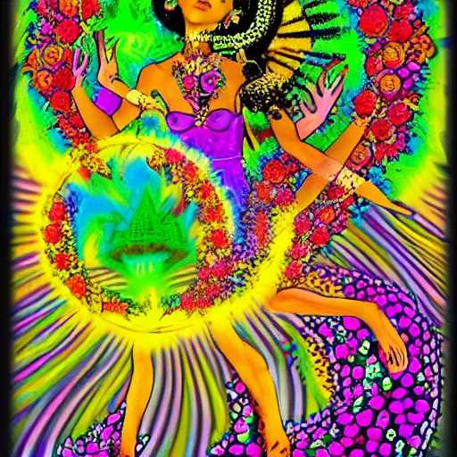 Prompt: the goddess of psychedelics dancing in a vortex made of flowers