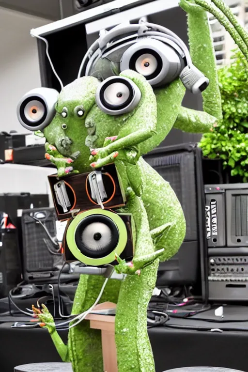 Image similar to a praying mantis kaiju DJ wearing headphones and carrying two big subwoofer speaker boxes