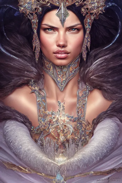 Image similar to photography of adriana lima, ornament crown, organic crystals, frost, deep focus, d & d, fantasy, intricate, elegant, highly detailed, digital painting, artstation, concept art, matte, sharp focus, illustration, hearthstone, art by artgerm and greg rutkowski and alphonse mucha