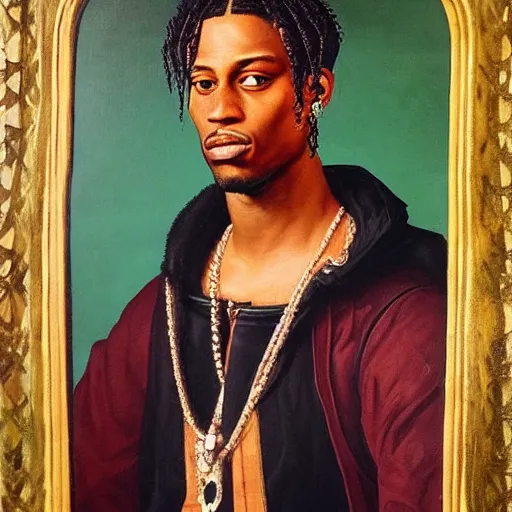 Image similar to a renaissance style portrait painting of travis scott