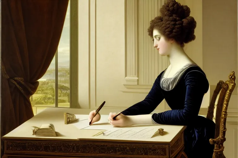 Image similar to 1 8 0 1 lady writing at her desk by vittorio reggianini, georgian dress, directoire style, regency, empire silhouette, bright lighting, perfectly detailed eyes, beautiful hands, pale skin, clear face