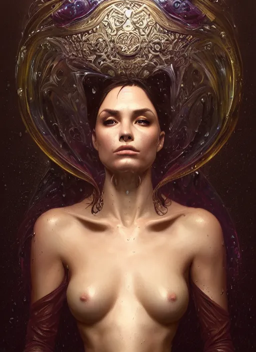 Image similar to a full body perspective of a stout preistess of the elemental darkness, crooked nose, wet, fantasy, shiny, intricate, elegant, highly detailed, ultra definition, digital painting, artstation, vray, concept art, smooth, high speed photography, illustration, art by artgerm and greg rutkowski and alphonse mucha and james jean