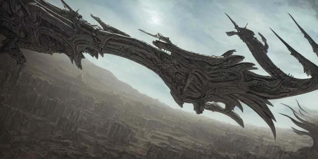 Image similar to giger wyvern flying over desert city, in style of federico pelat greg rutkowski