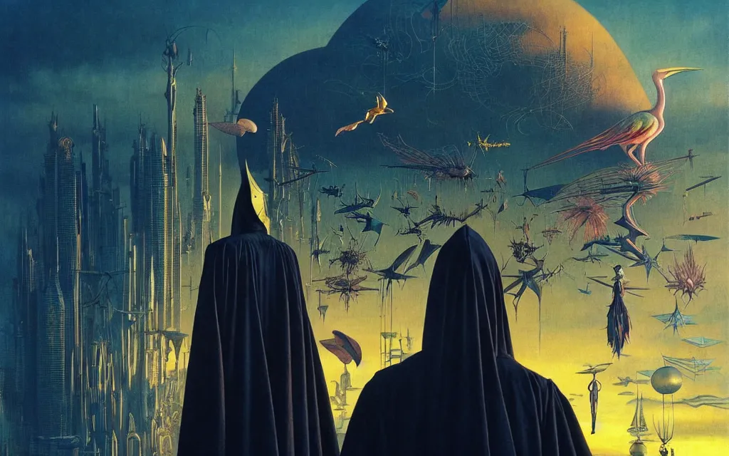 Image similar to realistic detailed portrait movie shot of a birdman wearing dark robes, futuristic city sunset landscape background by denis villeneuve, amano, yves tanguy, alphonse mucha, ernst haeckel, max ernst, roger dean, rich moody colours