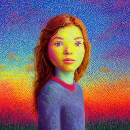 Image similar to girl with singular flower as a face, flower field, big trees, sunrise dramatic light, impressionist painting, colorful clouds, digital painting, pointillism, artstation, simon stalenhag