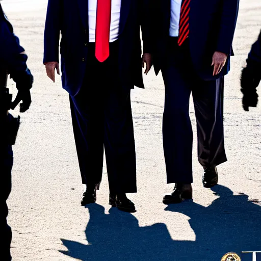 Prompt: Donald Trump in handcuffs escorted by two FBI agents at Mar-a-lago, photo, low angle