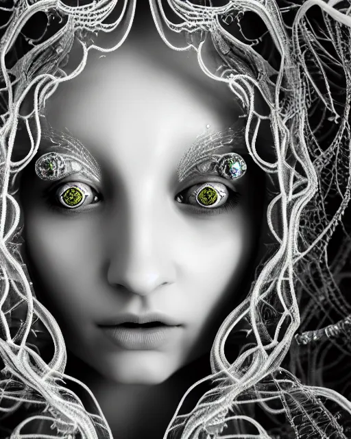 Prompt: surreal mythical dreamy underwater artistic black and white 3 d render of a translucent beautiful young female angelic - medusa - vegetal - doll with her face covered with fish scales, highly detailed, intricate crystal ivy jelly fish scales ornate, poetic, translucent algae ornate, digital art, octane render, 8 k artistic photography, photo - realistic, hg giger flora borsi