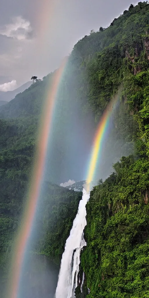 Prompt: A cloudy peak in southern China with one waterfall,rainbow in the middle of the waterfall. the style of National Geographic magazine