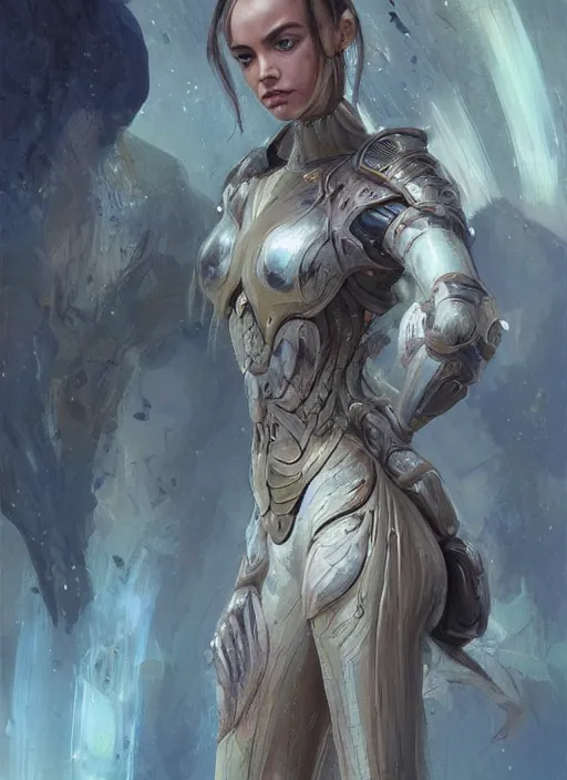 Image similar to a professional painting of a beautiful young female alien, clothed in ethereal armor, olive skin, long dark hair, beautiful bone structure, symmetrical facial features, intricate, elegant, digital painting, concept art, smooth, sharp focus, illustration, from Valerian and the City of a Thousand Planets, by Ruan Jia and Mandy Jurgens and Artgerm and William-Adolphe Bouguerea