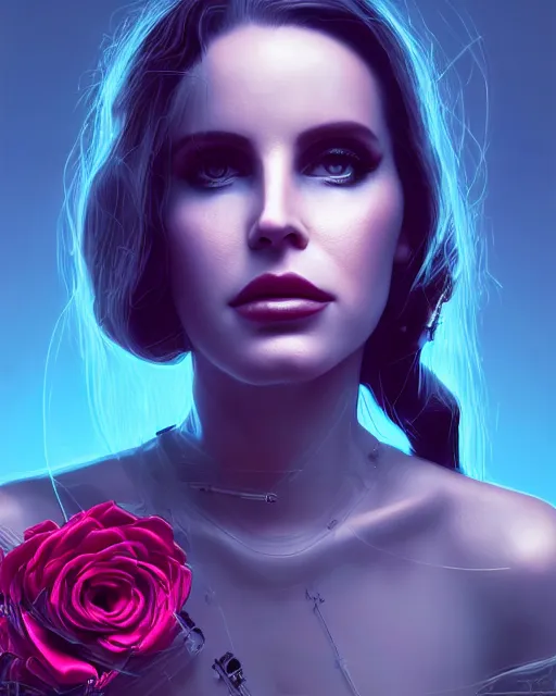 Image similar to portrait of lana del rey as a cyberpunk cyborg. sci - fi intricate abstract upper body intricate artwork, roses, rose petals by tooth wu, wlop, beeple, dan mumford. concept art, octane render, trending on artstation, greg rutkowski, asymmetrical, cinematic arthouse, key art, hyper realism, iridescent accents