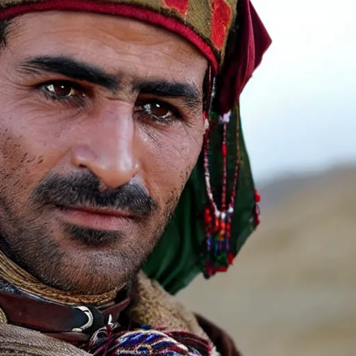 Image similar to Close up of a Kurdish shepherd wearing Kurdish clothes in a movie directed by Christopher Nolan, movie still frame, promotional image, imax 70 mm footage