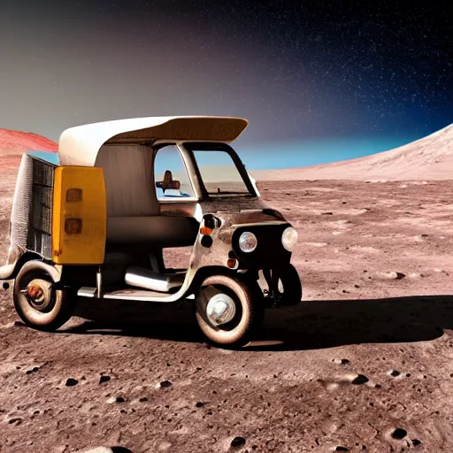 Prompt: a bajaj tuk tuk traveling on the surface of the moon, moon craters, night sky, milky way, hard lighting, matte painting, concept art, 4k