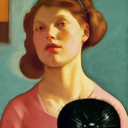 Prompt: close up of a girl and a giant black spider, film still by edward hopper, by Pontormo, by klimt, art noveau, highly detailed, strong lights, liminal, eerie, Bright pastel colors,