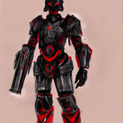 Prompt: concept art of a black and red armored soldier inspired by jin roh anime