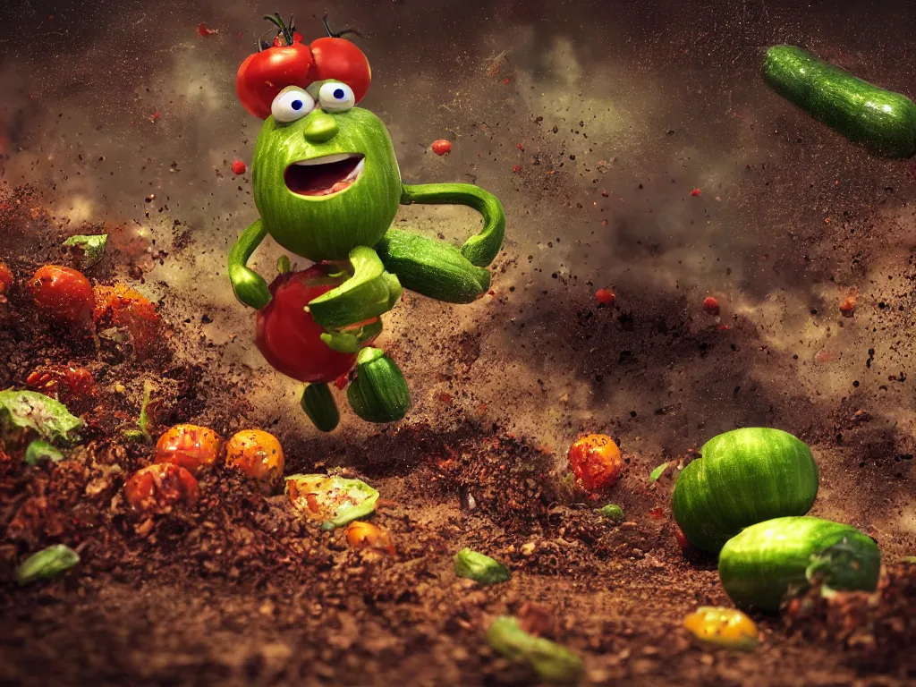 Prompt: detailed 3 d render of a raging zucchini character with peeler tool running on dirt road, scared tomates scattered everywhere, high speed action, explosions, dramatic scene, hyper realistic octane render, cinematic lighting, splatter, deviantart, black sky, lowbrow, frame from pixar movie