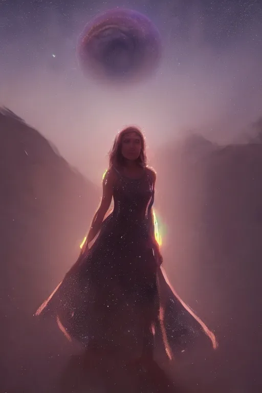 Prompt: a woman, wearing a dress made of stars, volumetric lighting, planets in the background, smooth, sharp focus, very detailed, by greg rutkowski, artstation, tom badshaw, 8 k, symmetrical face