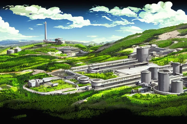 Prompt: ! dream a big factory architecture designed by boeing military on a hill in a beautiful landscape of the french countryside during spring season, painting by toei animation backgrounds hd and city hunter anime backgrounds hd and a few vector illustration touch, nice lighting, soft and clear shadows, low contrast, perfect