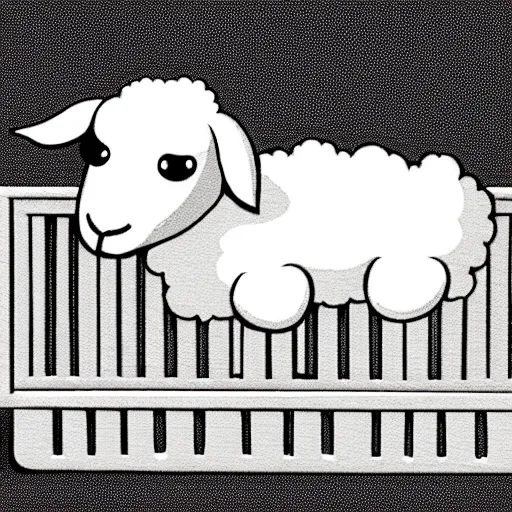 Prompt: storybook illustration of baby sleeping in a crib with a toy lamb on top of its head, storybook illustration, monochromatic