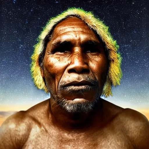 Image similar to aboriginal man at night, portrait, photorealistic, 8k, galaxies in the sky