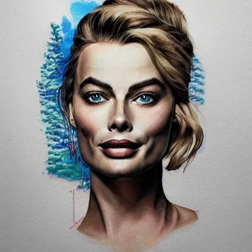 Image similar to face morph tattoo design sketch of margot robbie blended in beautiful mountain scenery, in the style of den yakovlev, amazing detail