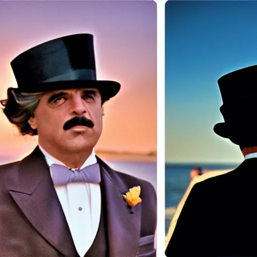 Prompt: the godfather wears a top hat. 5 0 mm, cinematic, technicolor. sea and beach and a man in the background. sunset lighting