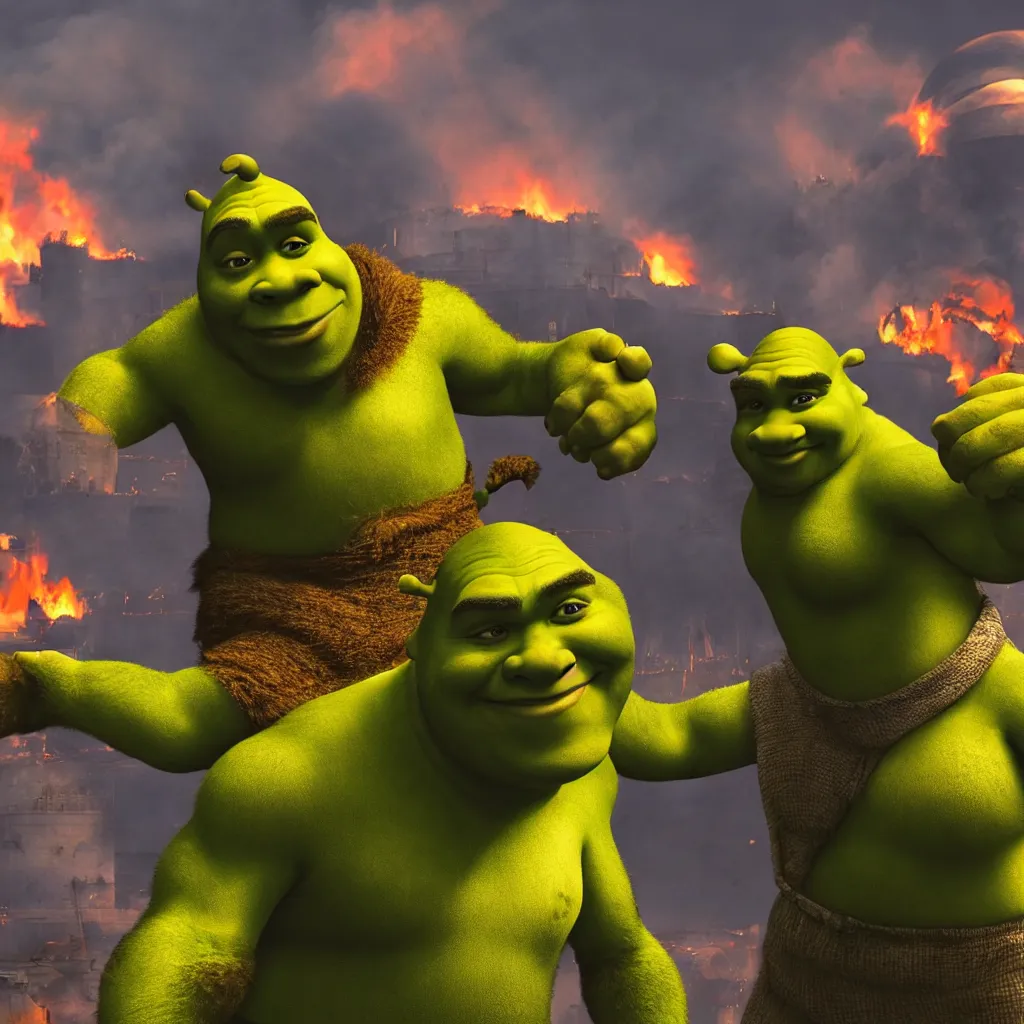 Image similar to shrek punching nuclear chimneys, destruction, chaos, 4 k, realistic, professional photography