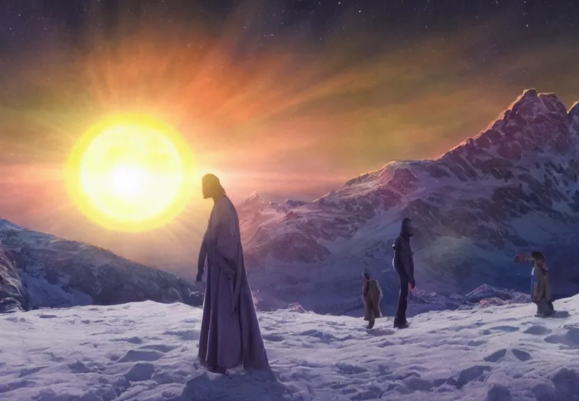 Image similar to fully photorealistic hdr eclipse at sunrise on snowy aurora mountaintop, distant glowing figures, masterpiece composition, art by john collier, albert aublet, artem demura, alphonse mucha, sharper luminescent focus, nd 6, hdr, movie still, cinematic diffuse lighting, artstation, textless, sharp focus