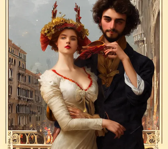 Image similar to photography of a 1 8 th couple in venice with fireworks, deep focus, intricate, elegant, highly detailed, digital painting, artstation, concept art, matte, sharp focus, illustration, art by artgerm and greg rutkowski and alphonse mucha and gil elvgren