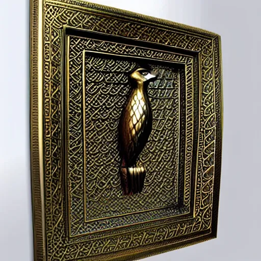 Image similar to gorgeous ornated bronze realistic detailed falcon office decoration with filigree, islamic calligraphy