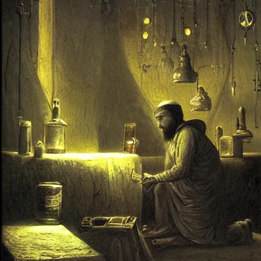 Prompt: Arabian Alchemist in his dark smoky lab. Painting by gustave dore. Colored painting.