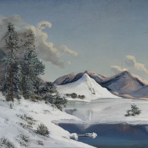 Prompt: This painting shows a winter scene in a mountainous area. The snow is thickly piled against the trees, which are reflected in the surface of the frozen lake. The mountain peak is in the distance, and the sky is painted in a swirling pattern of grey and white clouds