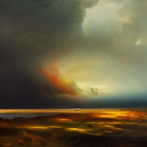 Image similar to sunny day, underlying sense of dread, stormy clouds on the horizon, warm saturated palette, dreary atmosphere, moody, vivid, striking, dramatic, contemporary masterpiece landscape painting