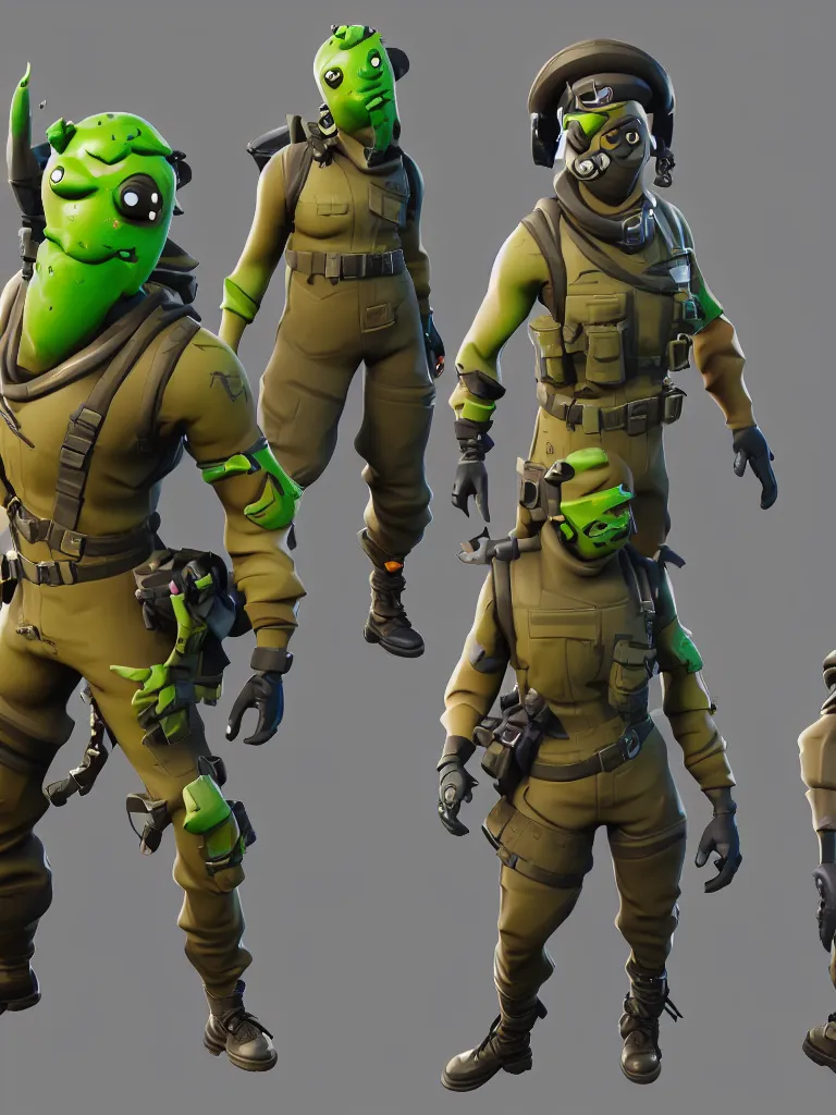 Image similar to fortnite character, anthropomorphic pickle, kind eyes and a derpy smile. flak jacket, ammo bandolier, cargo pants, black combat boots. fortnite style, unreal engine