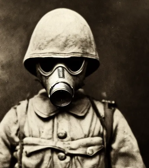Image similar to person wearing gas mask, ww1 photo, grainy, high detail, high resolution, tehnicolor