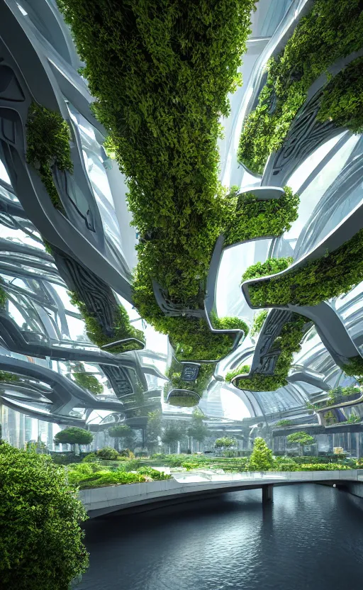 Prompt: biophilic futuristic scifi suspended city gardens architectural landscape, fluid flowers, porcelain, beautiful morning light, canal bridge paths pedestrian cafes, interior cinematic composition, granite marble, nebula magnolia, water, glass walls, metallic, grass, modular buildings, foliage, vincent callebaut composition, 8 k, unreal engine, hdr