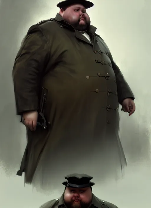 Prompt: portrait of a fat man wearing a a trenchcoat and a military cap, victorian, concept art, detailed face, fantasy, close up face, highly detailed, cinematic lighting, digital art painting by greg rutkowski