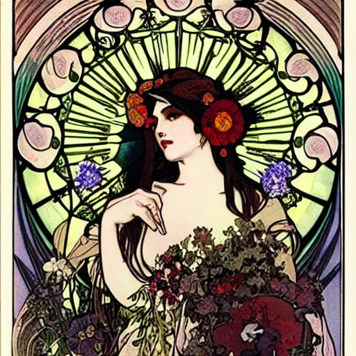 Image similar to persephone as goddess of death and flowers, dark atmosphere, painted by alphonse mucha