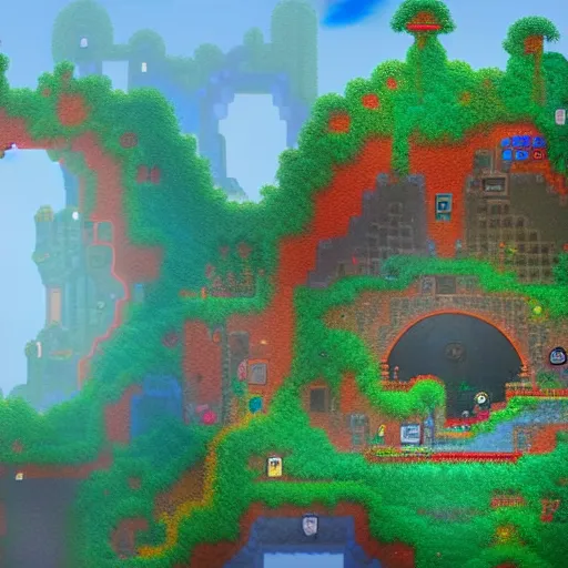 Prompt: portal to terraria. detailed. rule of thirds. intricate. sharp focus. wide angle. unreal engine 8 k. painting by pako